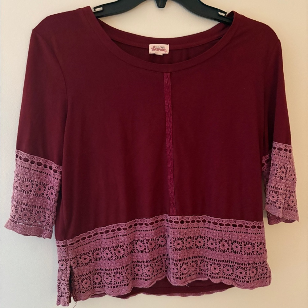 Ten Sixty Sherman Burgundy Lace Trim Top XS 3/4 Sleeve Crochet Hem Blouse